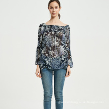 Women Rpet Blouse Recycled Polyester Chiffon Blouse with Elastic Smocking Square neck and Flare sleeves Floral Blouse